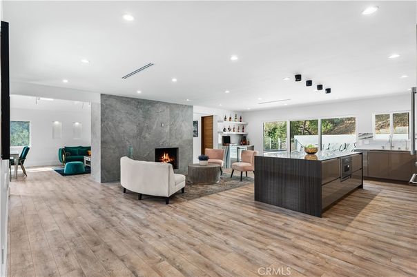 Fireplace, Interior, Living room, Pendant Lights, Recessed Lighting, Wood Texture Flooring