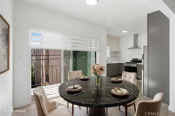 Dining room, Interior, Kitchen, Recessed Lighting, Stainless Steel Appliances, Wood Texture Flooring