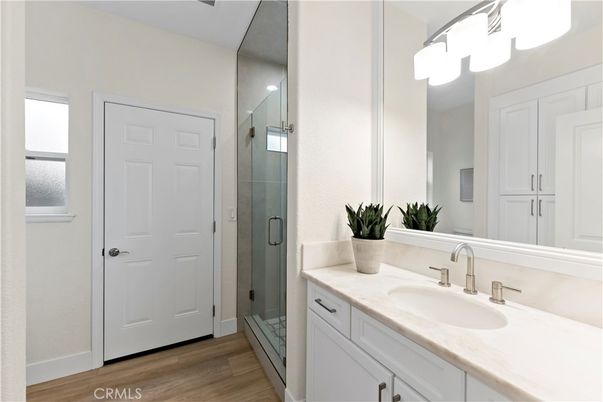 Bathroom, Glass Shower, Interior, Wood Texture Flooring