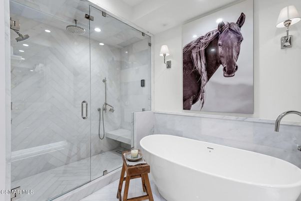 Bathroom, Free Standing Baths, Glass Shower, Interior, Marble Walls, Recessed Lighting