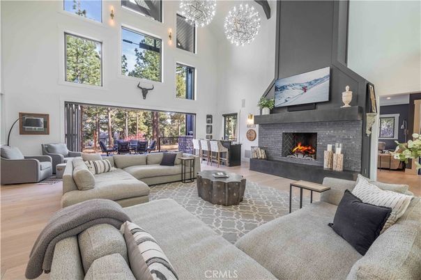 Fireplace, Interior, Living room, Pendant Lights, Wood Texture Flooring