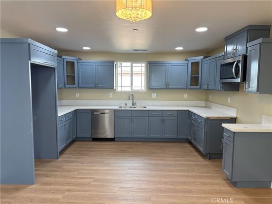 Interior, Kitchen, Recessed Lighting, Stainless Steel Appliances, Wood Texture Flooring