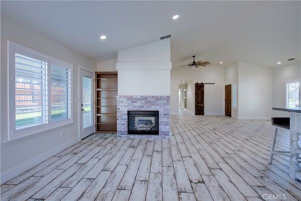 Empty room, Fireplace, Interior, Recessed Lighting, Wood Texture Flooring