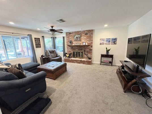 Fireplace, Interior, Living room, Recessed Lighting, Stone Walls