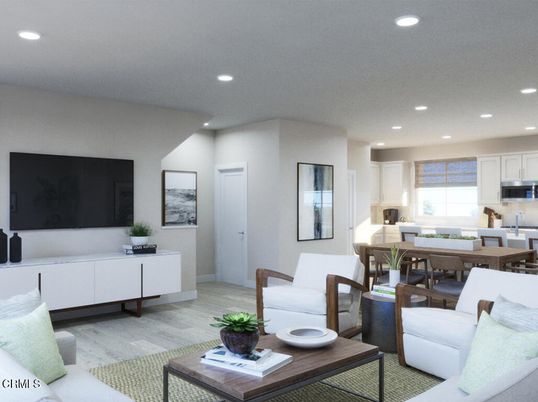 Dining room, Interior, Kitchen, Living room, Recessed Lighting, Wood Texture Flooring