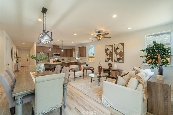 Dining room, Interior, Kitchen, Living room, Pendant Lights, Recessed Lighting, Stainless Steel Appliances, Wood Texture Flooring