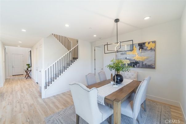 Dining room, Interior, Pendant Lights, Recessed Lighting, Wood Texture Flooring