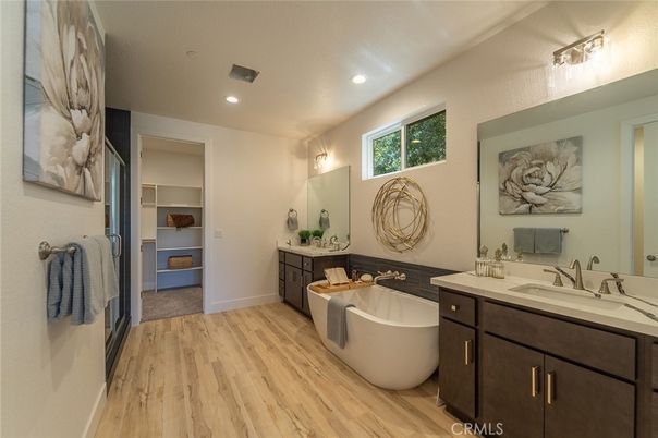 Bathroom, Dual Sink Vanities, Free Standing Baths, Interior, Recessed Lighting, Wood Texture Flooring