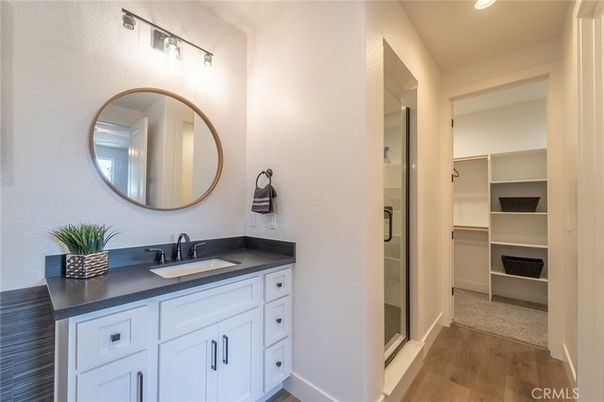 Bathroom, Dual Sink Vanities, Glass Shower, Interior, Recessed Lighting, Walk-in Closets, Wood Texture Flooring