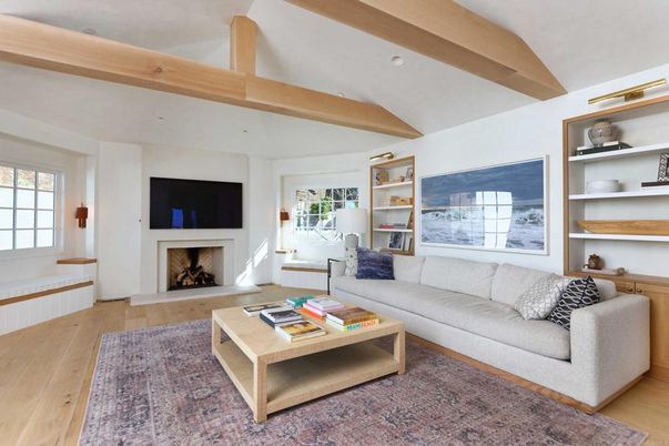 Fireplace, Interior, Living room, Recessed Lighting, Wooden Beams, Wood Texture Flooring
