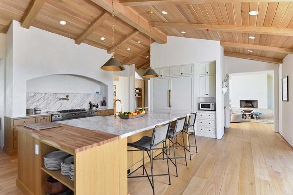 Interior, Kitchen, Marble Walls, Pendant Lights, Recessed Lighting, Stainless Steel Appliances, Wooden Beams, Wooden Ceilings, Wood Texture Flooring