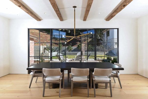 Dining room, Interior, Pendant Lights, Recessed Lighting, Wooden Beams, Wood Texture Flooring