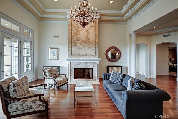 Chandelier, Fireplace, Interior, Living room, Recessed Lighting, Wood Texture Flooring