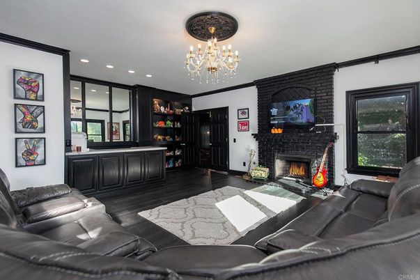 Chandelier, Fireplace, Interior, Living room, Recessed Lighting, Wood Texture Flooring