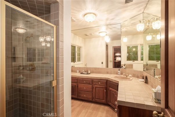 Bathroom, Glass Shower, Interior, Tile Countertops, Wood Texture Flooring
