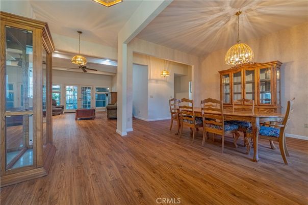 Dining room, Interior, Pendant Lights, Wood Texture Flooring