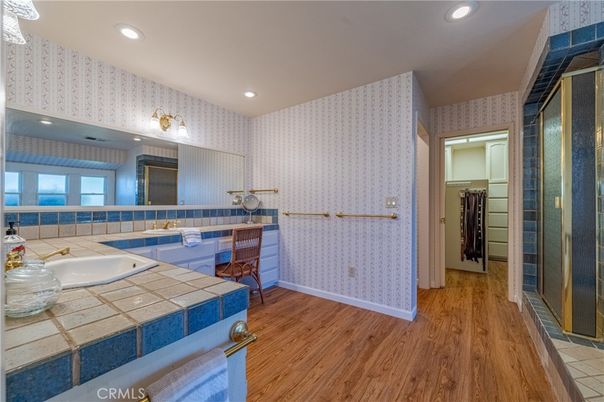 Bathroom, Interior, Recessed Lighting, Tile Countertops, Wood Texture Flooring