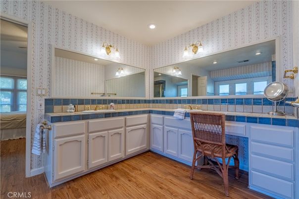 Bathroom, Interior, Recessed Lighting, Tile Countertops, Wood Texture Flooring