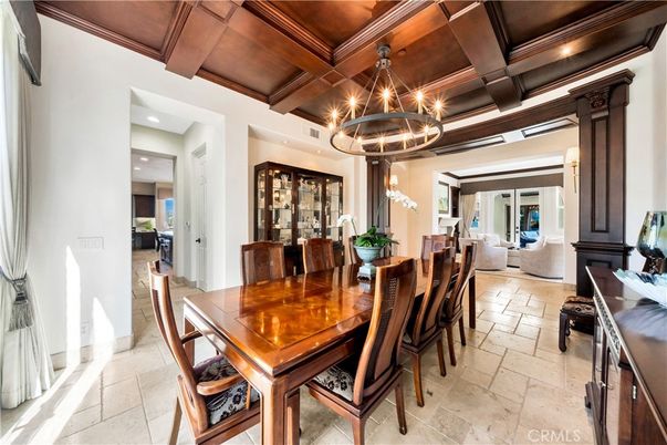 Chandelier, Dining room, Interior, Living room, Recessed Lighting, Wooden Beams, Wooden Ceilings