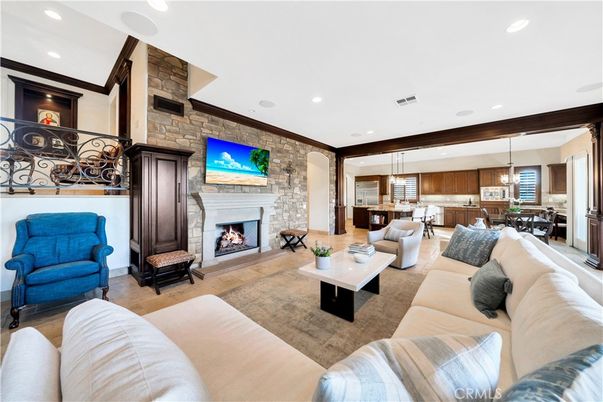 Dining room, Fireplace, Interior, Kitchen, Living room, Pendant Lights, Recessed Lighting, Stone Walls