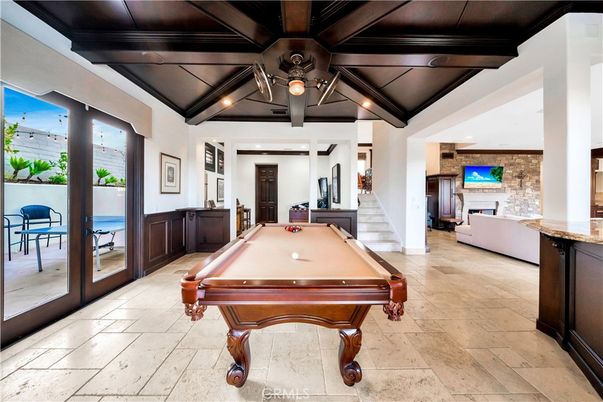Billiard Table, Fireplace, Game Room, Interior, Recessed Lighting, Stone Walls, Wooden Beams