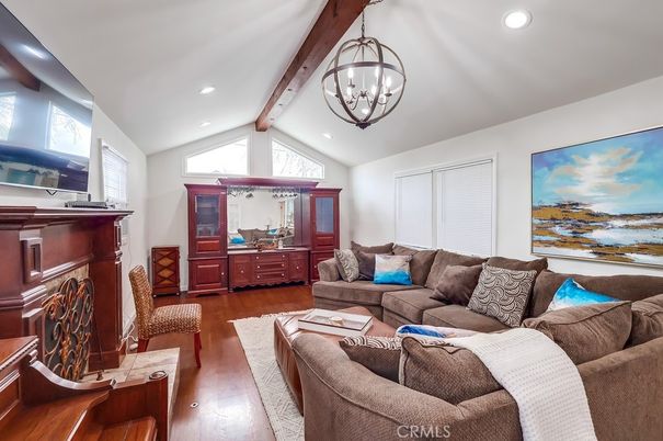 Chandelier, Fireplace, Interior, Living room, Recessed Lighting, Wooden Beams, Wood Texture Flooring