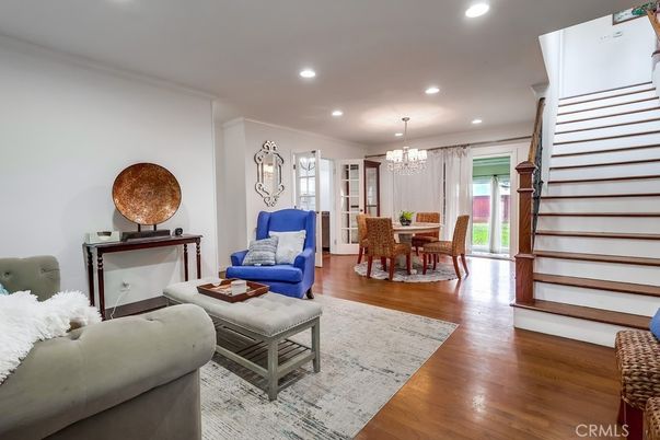 Chandelier, Dining room, Interior, Living room, Recessed Lighting, Wood Texture Flooring