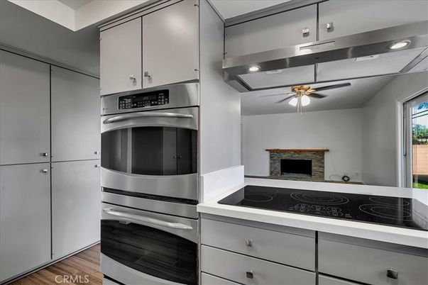 Fireplace, Interior, Kitchen, Stainless Steel Appliances, Wood Texture Flooring