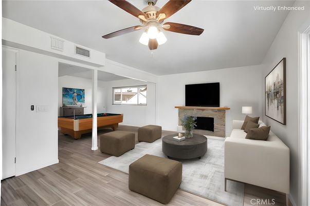 Billiard Table, Fireplace, Game Room, Interior, Living room, Wood Texture Flooring