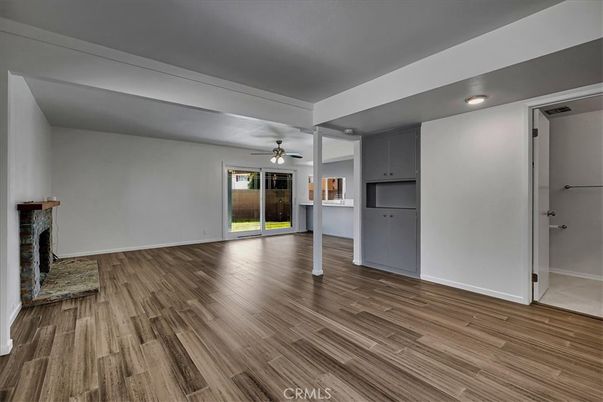 Empty room, Fireplace, Interior, Recessed Lighting, Wood Texture Flooring