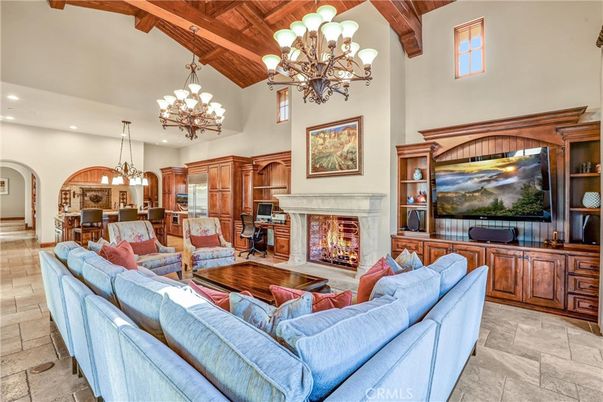 Chandelier, Fireplace, Interior, Kitchen, Living room, Recessed Lighting, Wooden Beams, Wooden Ceilings