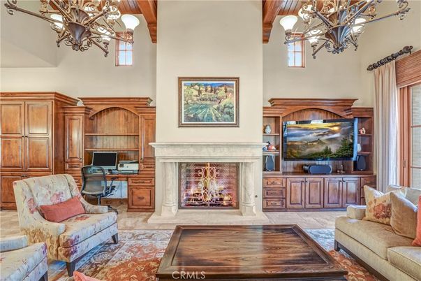 Chandelier, Fireplace, Home Office, Interior, Living room, Wooden Beams
