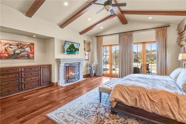Bedroom, Fireplace, Interior, Recessed Lighting, Wooden Beams, Wood Texture Flooring
