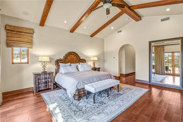 Bedroom, Interior, Recessed Lighting, Wooden Beams, Wood Texture Flooring