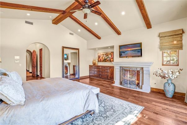 Bedroom, Fireplace, Interior, Recessed Lighting, Wooden Beams, Wood Texture Flooring