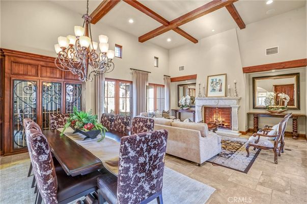 Chandelier, Dining room, Fireplace, Interior, Living room, Recessed Lighting, Wooden Beams