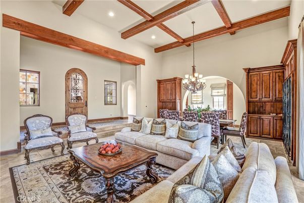 Chandelier, Dining room, Interior, Living room, Recessed Lighting, Wooden Beams