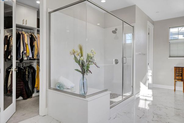 Bathroom, Glass Shower, Interior, Marble, Recessed Lighting, Walk-in Closets