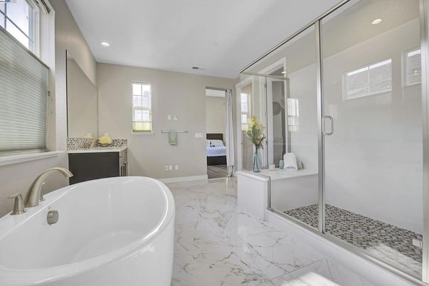 Bathroom, Free Standing Baths, Glass Shower, Interior, Marble, Recessed Lighting