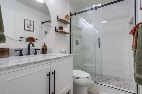 Bathroom, Glass Shower, Interior, Wood Texture Flooring