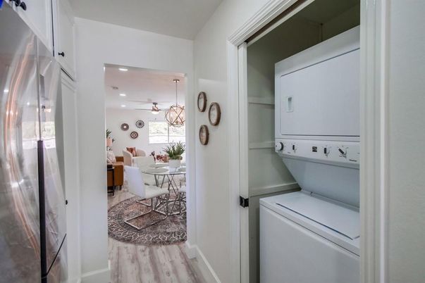 Dining room, Interior, Recessed Lighting, Utility Closets, Washer, Wood Texture Flooring