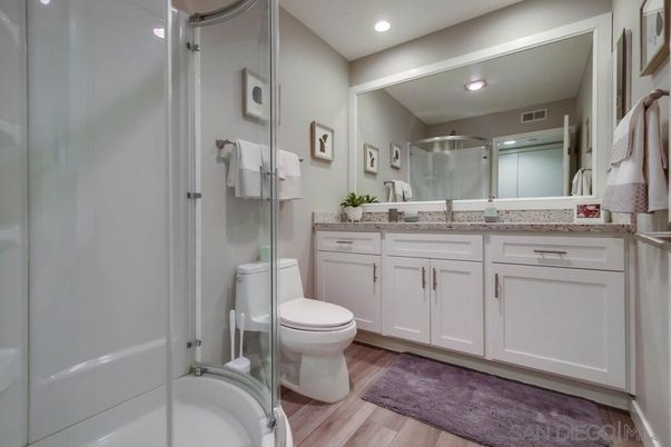 Bathroom, Glass Shower, Interior, Recessed Lighting, Wood Texture Flooring