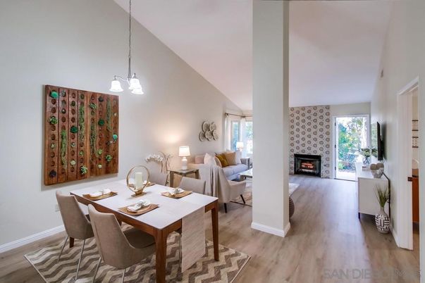 Dining room, Fireplace, Interior, Living room, Pendant Lights, Wood Texture Flooring