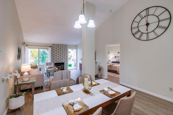 Bedroom, Dining room, Fireplace, Interior, Living room, Pendant Lights, Wood Texture Flooring