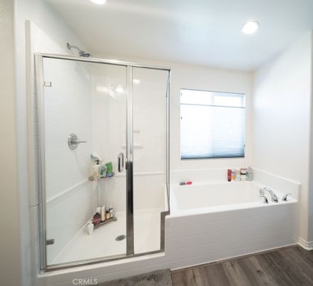 Bathroom, Glass Shower, Interior, Recessed Lighting, Wood Texture Flooring