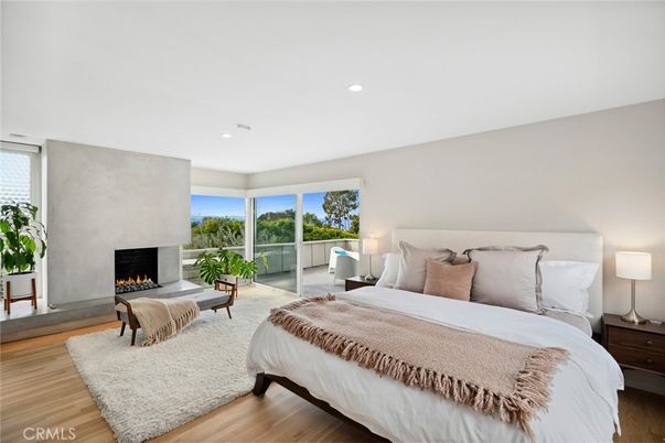 Bedroom, Fireplace, Interior, Recessed Lighting, Wood Texture Flooring