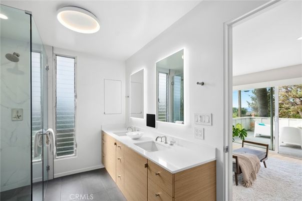Bathroom, Dual Sink Vanities, Glass Shower, Interior, Marble Walls, Recessed Lighting