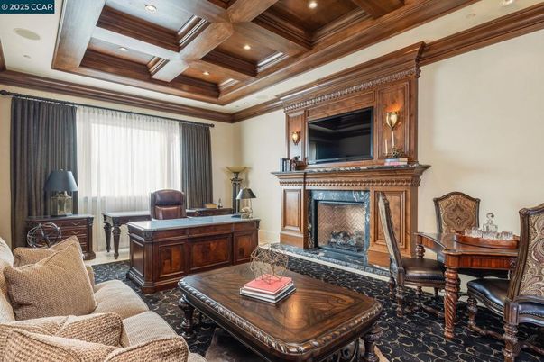 Fireplace, Home Office, Interior, Recessed Lighting, Wooden Beams, Wooden Ceilings