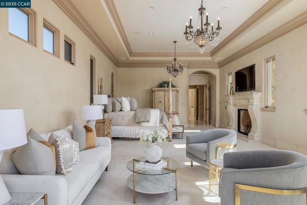 Chandelier, Fireplace, Interior, Living room, Recessed Lighting