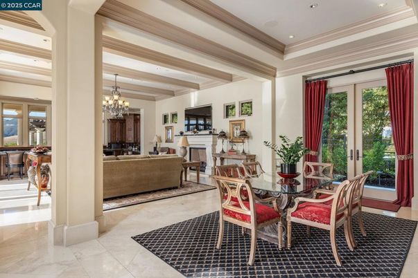 Chandelier, Dining room, Fireplace, Interior, Living room, Recessed Lighting